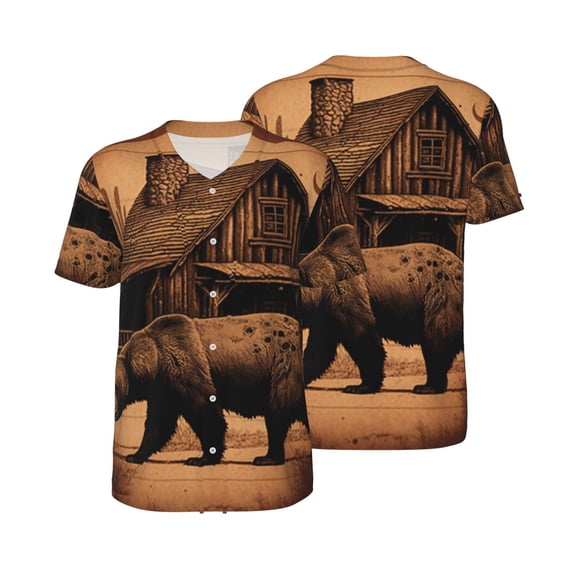 Mens Graphic Baseball T Shirt Short Sleeve Summer Casual Tee Top Jersey, Rustic Lodge Cabin Bear Southwestern Vintage