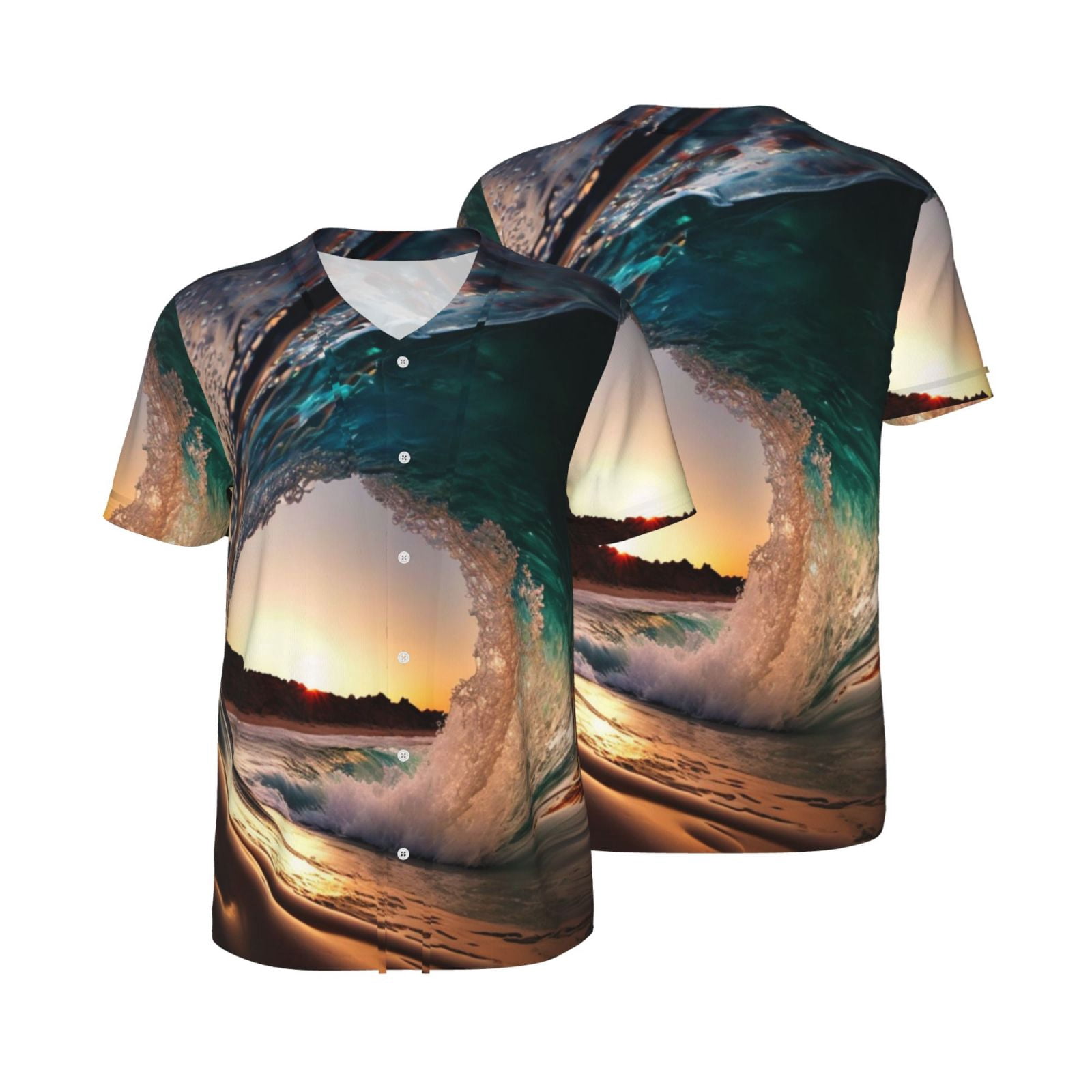 Mens Graphic Baseball T Shirt Short Sleeve Summer Casual Tee Top Jersey, Wave Inside Hollow Morning Surf