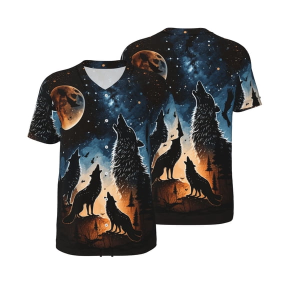 Mens Graphic Baseball T Shirt Short Sleeve Summer Casual Tee Top Jersey, Wolf Howling Wolves Moon Night Stars