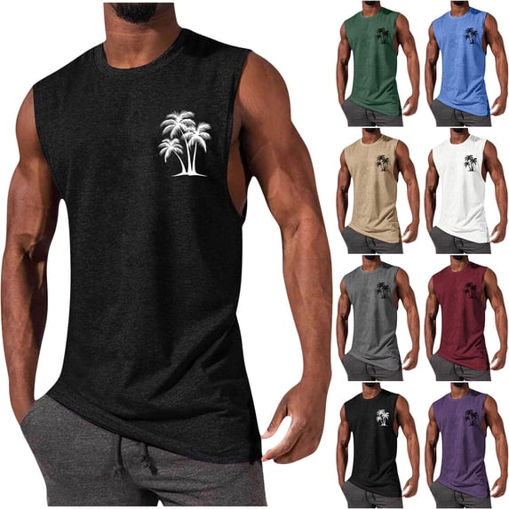 Mens Graphic Cotton Tank Tops Sleeveless Muscle Shirts Beach Hawaiian Coconut Tree Patriotic Tank Tops White