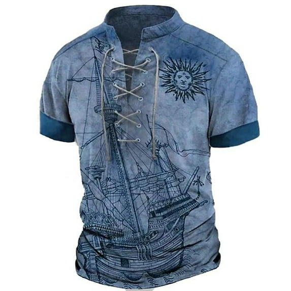 Mens Graphic Henley Shirts Vintage Distressed Tops Lace Up Blouse Short Sleeve Casual Tee Shirts Gym Shirts Blue XL