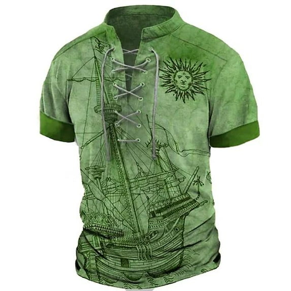 Mens Graphic Henley Shirts Vintage Distressed Tops Lace Up Blouse Short Sleeve Casual Tee Shirts Gym Shirts Green 3XL