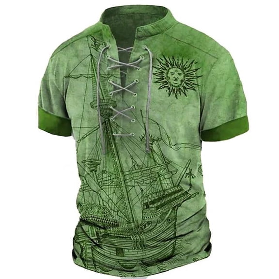 Mens Graphic Henley Shirts Vintage Distressed Tops Lace Up Blouse Short Sleeve Casual Tee Shirts Gym Shirts Green XXL