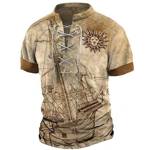 Mens Graphic Henley Shirts Vintage Distressed Tops Lace Up Blouse Short Sleeve Casual Tee Shirts Gym Shirts Khaki L