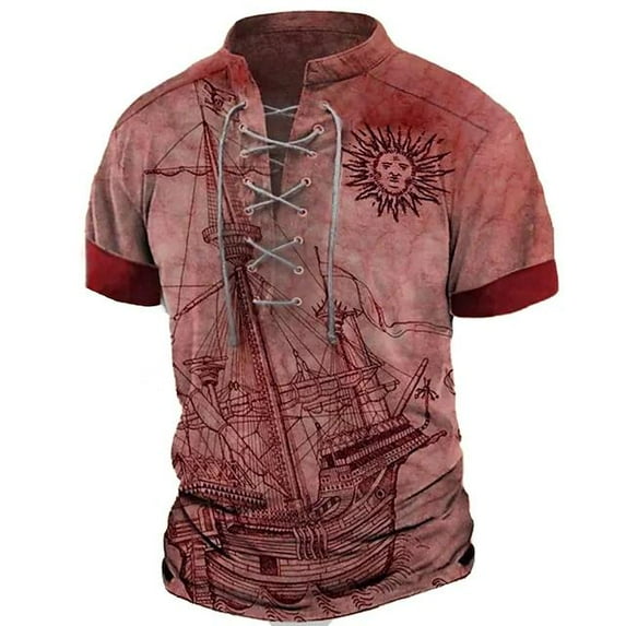 Mens Graphic Henley Shirts Vintage Distressed Tops Lace Up Blouse Short Sleeve Casual Tee Shirts Gym Shirts Red XXL