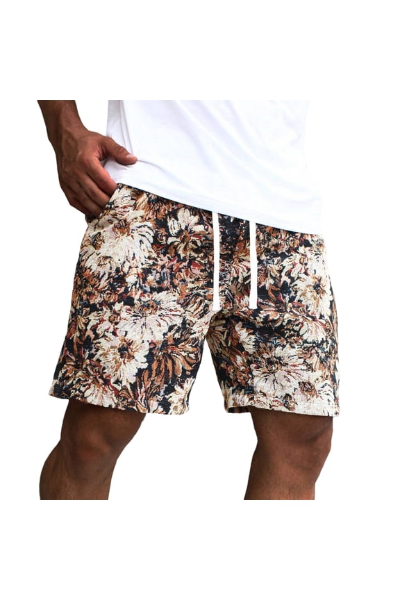 Mens Graphic Shorts Drawstring Graphic Paisley Shorts with Pockets Elastic High Waisted Bermuda Shorts Summer Vacation Casual Beach Sweat Shorts,Brown L