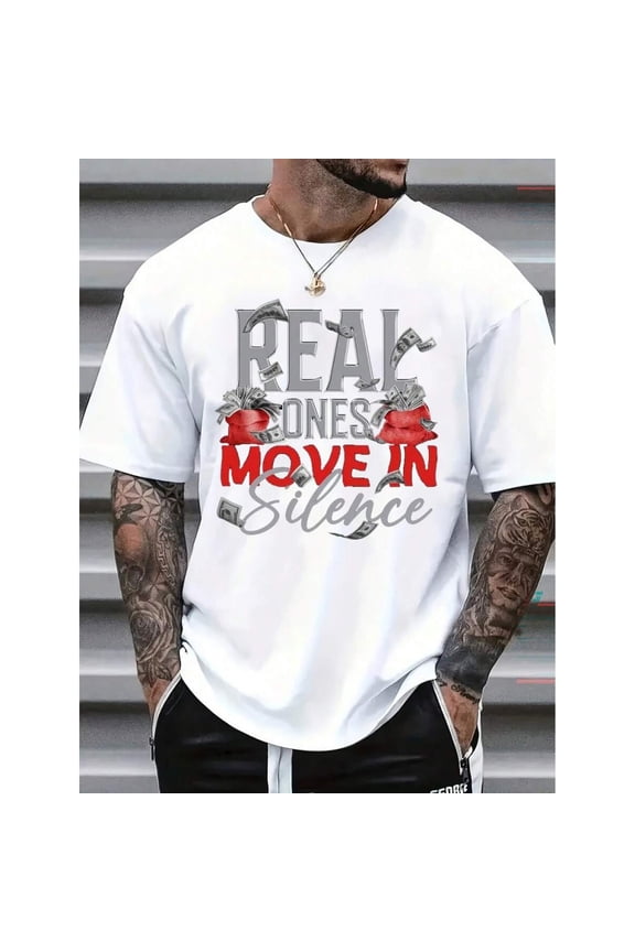Mens Graphic T-Shirt: Real Ones Move In Silence With Money Bags Print - White Casual Round Neck Tee