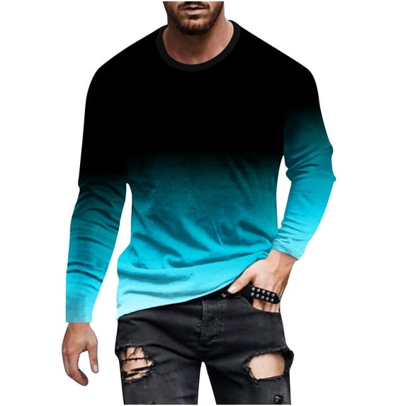 Mens Graphic T Shirts Button Up Shirt Women Clearance, Big and Tall Solid Color Shirts Mens Dress Shirt Men's Gradient Printed Long Sleeved Round Neck Pullover T-Shirt Top Long Style E162