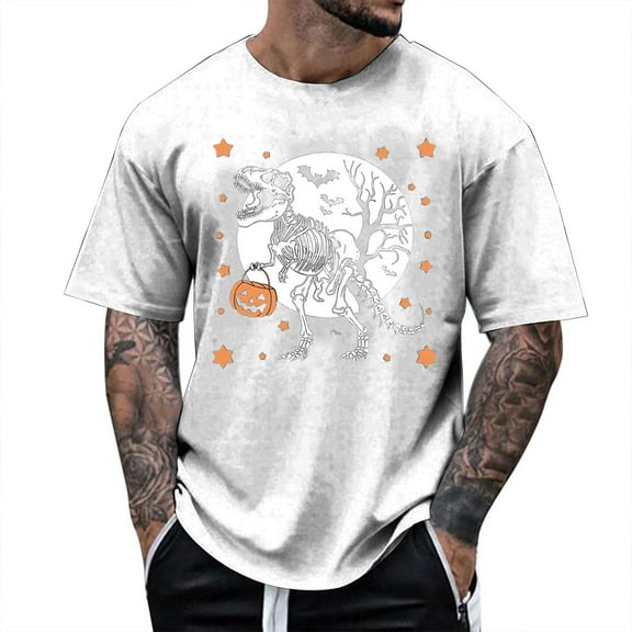 Mens Graphic T Shirts Halloween Dinosaur Skeleton Printed Casual Short Sleeve Tees Crew Neck Comfortable Breathable Men's Shirts White XXXL