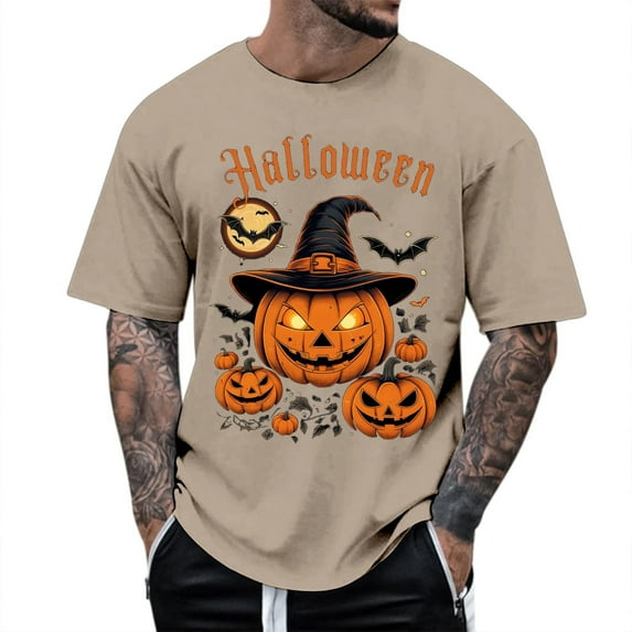 Mens Graphic T Shirts Halloween Funny Pumpkin Printed Casual Comfortable Short Sleeve Crew Neck Tees Sports Leisure Activities Lightweight Breathable Mens Shirts Khaki M