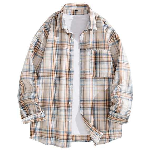 Mens Graphic T-Shirts Lapel Button Long Sleeve Plaid Loose Casual Shirt Tops