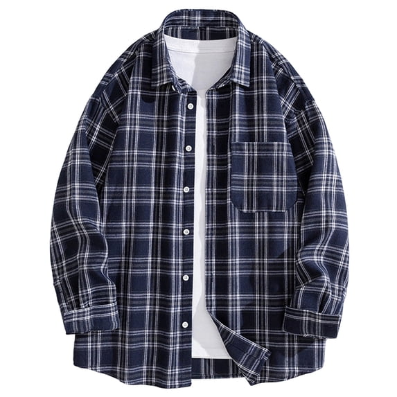 Mens Graphic T-Shirts Lapel Button Long Sleeve Plaid Loose Casual Shirt Tops