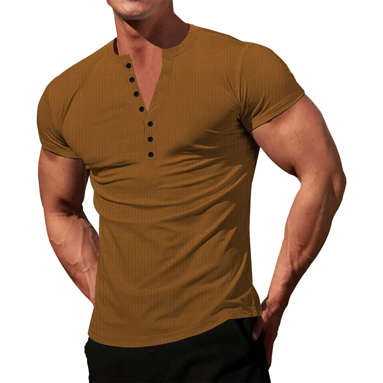 Mens Graphic TShirts Mens Knit Stretch Henley Shirt Workout Slim Fit