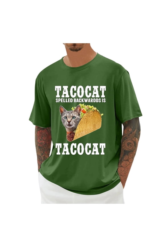 Mens Graphic T-Shirts Short Sleeve Cute Cat Print Crewneck Loose Summer Casual Tee Army Green XL