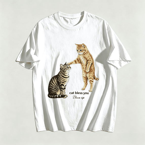 Graphic Tshirts for Men Novelty Cat Bless You Print T‑Shirt, Funny Pet Kitten Graphic Crewneck Short‑Sleeve Cotton Tee Casual Daily Streetwear Tops,White,4XL