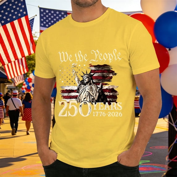 Mens Graphic T-shirts 250 Anniversary USA Shirt Short Sleeve Crewneck Patriotic Tee Breathable Casual T Shirt for Men Yellow L