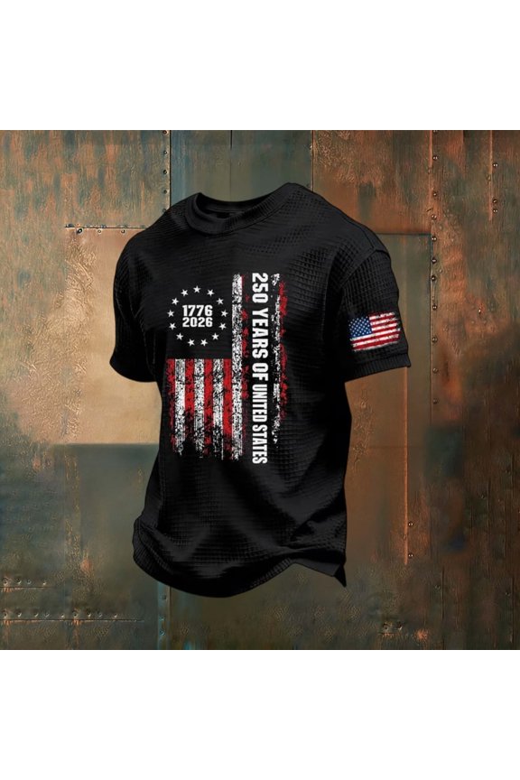 Mens Graphic T-shirts 250 Anniversary USA Shirt Short Sleeve Crewneck Waffle Tee Independence Day Casual T Shirt for Men Black XXXL