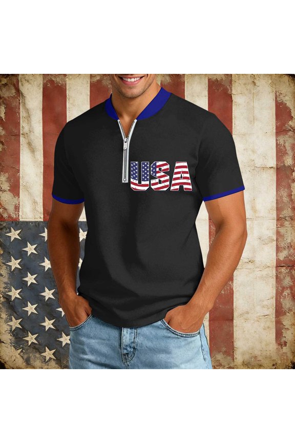 Mens Graphic T-shirts Half Zip Short Sleeve Tee Stand Collar Casual Independence Day Celebration Athletic Top for Men Black XXL