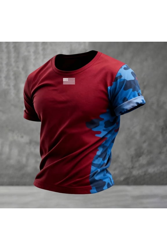 Mens Graphic T-shirts Short Sleeve Crewneck Independence Day Tee Side Camo Patriotic Summer Casual T Shirt for Men Red XXXL