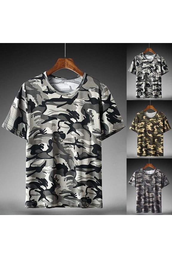 Mens Graphic T-shirts Short Sleeve Crewneck Tee Stretch Camo Print Plus Size Loose Breathable Top Yellow XXL