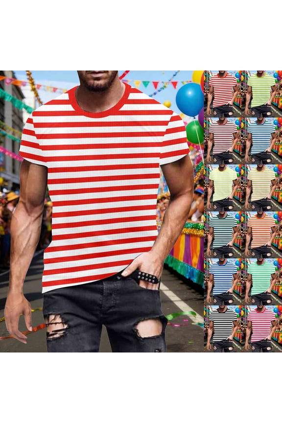 Mens Graphic T-shirts Short Sleeve Crewneck Tee Stripe Print Street Style Summer Top Blue M