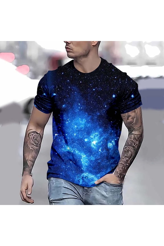 Mens Graphic T-shirts Short Sleeve Crewneck Tops 3D Digital Starry Sky Print Summer Night Galaxy Graphic T Shirts for Man Sky Blue XL