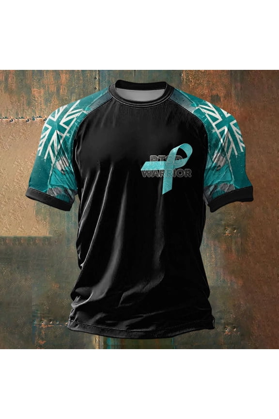 Mens Graphic T-shirts Short Sleeve Crewneck Tops PTSD Awareness Ribbon Print Support Casual Summer T Shirts for Man Mint Green M