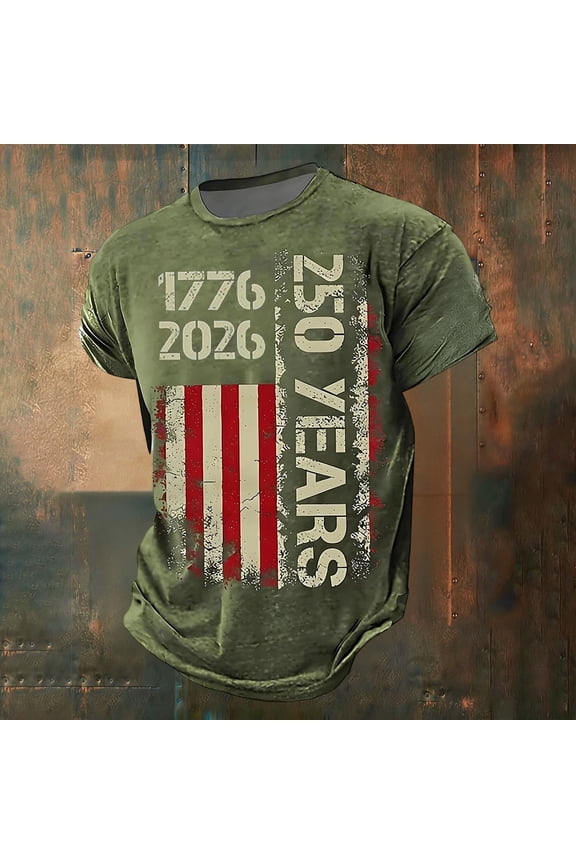 Mens Graphic T-shirts Short Sleeve Crewneck Tops USA 250th Independence Day Flag Print Patriotic Casual Summer T Shirts for Man Army Green L