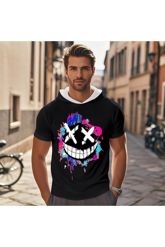Mens Graphic T-shirts Short Sleeve Hoodie Style Tops Funny Print Casual Summer Quirky Lightweight T Shirts for Man Black L