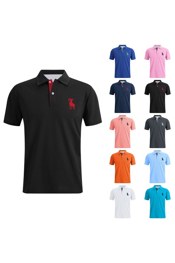 Mens Graphic T-shirts Short Sleeve Polo Shirts Goat Pattern Button Down Lapel Office Summer Top Navy XL