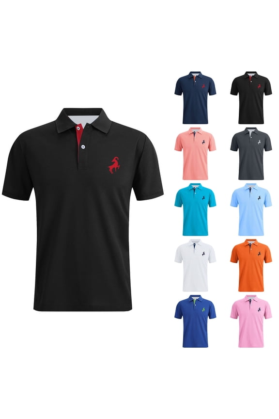 Mens Graphic T-shirts Short Sleeve Polo Shirts Goat Print Button Lapel Business Casual Summer Top Navy M