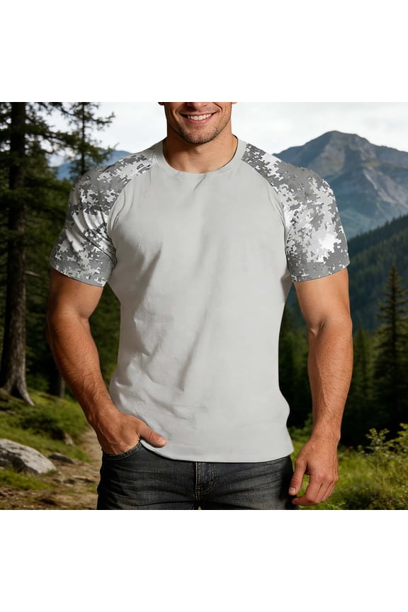 Mens Graphic T-shirts Short Sleeve Raglan Crewneck Camo Tee Versatile Stylish Summer Top Light Gray XXL