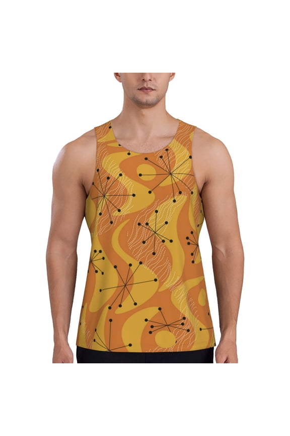 Mens Graphic Tank Tops Gym Muscle Beach Sleeveless Shirts, Orange Geometric Atomic Modern Midcentury