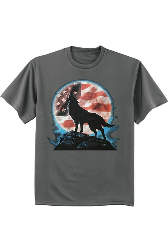 Mens Graphic Tees American Flag Wolf T-shirt