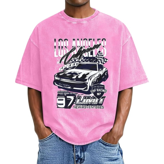 Mens Graphic Tees Vintage Oversized T-Shirts Washed Y2K Vintage Cool Streetwear Summer T-Shirts Pink S