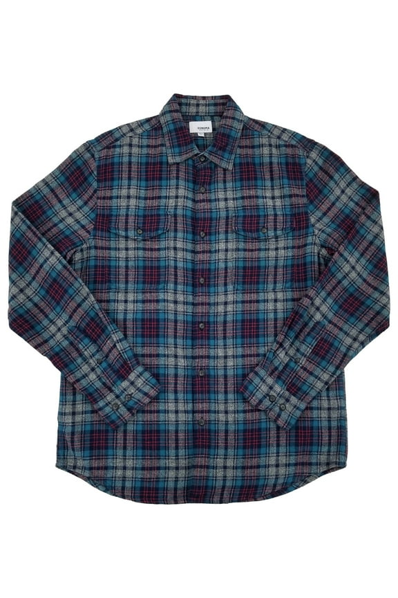 Mens Gray Blue & Red Plaid Long Sleeve Button-Down Flannel Shirt Small