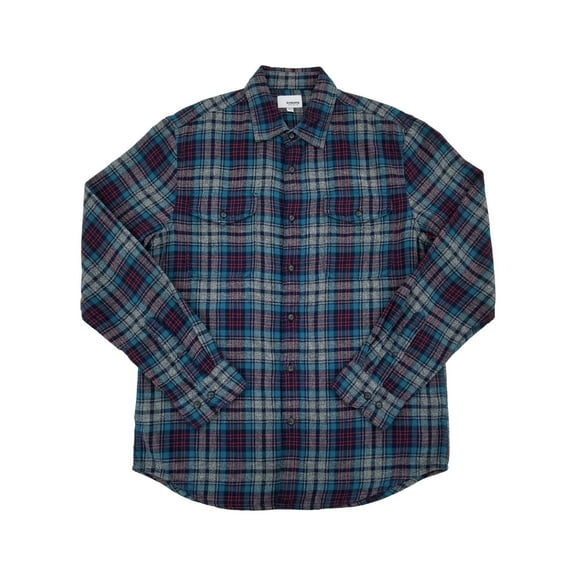 Mens Gray Blue & Red Plaid Long Sleeve Button-Down Flannel Shirt XX-Large