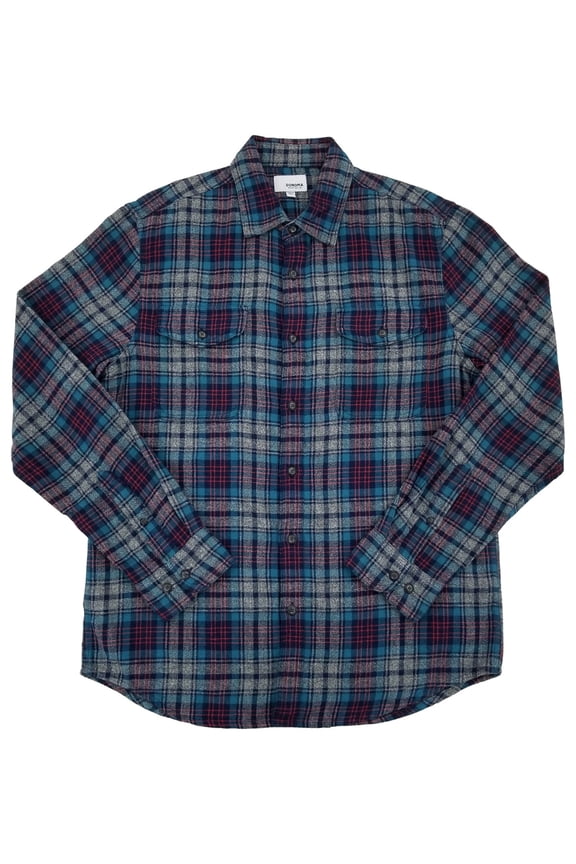 Mens Gray Blue & Red Plaid Long Sleeve Button-Down Flannel Shirt XX-Large