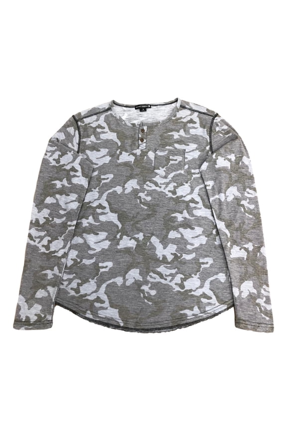 Mens Gray Camo Camouflage Soldier Long Sleeve Two Button Henley Shirt Large