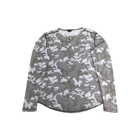Mens Gray Camo Camouflage Soldier Long Sleeve Two Button Henley Shirt Small