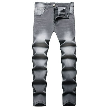Mens Gray Jeans Relaxed Fit Dark Washed Straigth Leg Trousers Retro Stretchy Skinny Regular Full Length Denim Pants