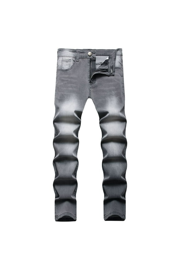 Mens Gray Jeans Relaxed Fit Dark Washed Straigth Leg Trousers Retro Stretchy Skinny Regular Full Length Denim Pants