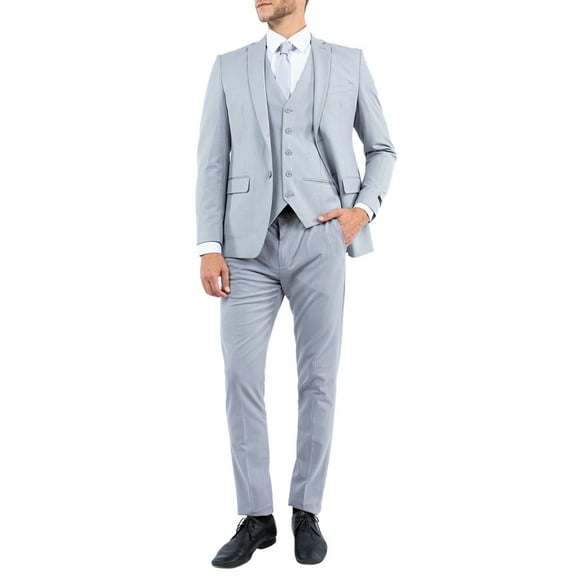 Mens Gray Suit, Slim Fit 3-Piece Expandable Waist Pants