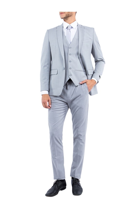 Mens Gray Suit, Slim Fit 3-Piece Expandable Waist Pants