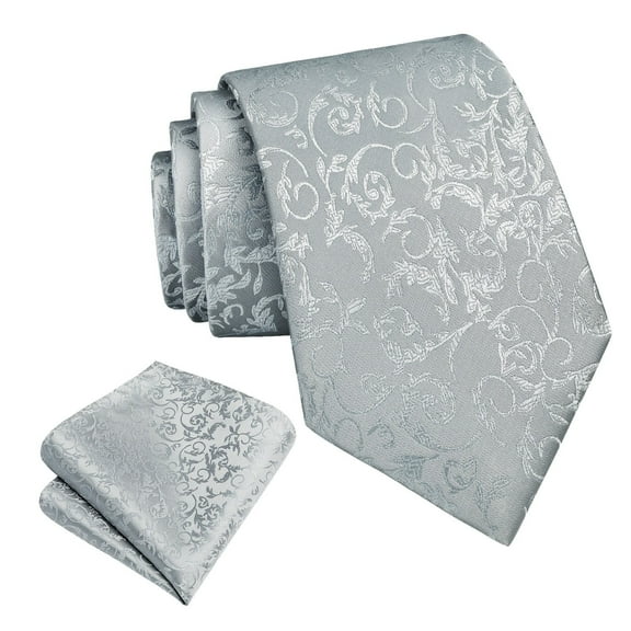 Mens Gray Ties Paisley Necktie with Pockets Square Sets Floral Tie Formal Business Handkerchief