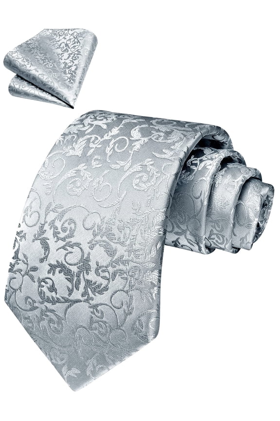 Mens Gray Ties Paisley Necktie with Pockets Square Sets Floral Tie Formal Business Handkerchief
