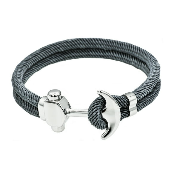 Mens Gray Twisted Cotton Rope Stainless Steel Anchor Bracelet With Adjustable Strap
