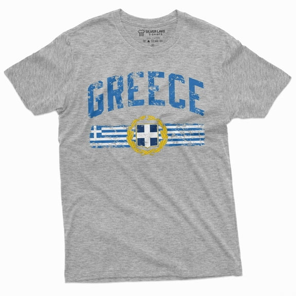 Mens Greece T-Shirt Greek Flag Coat Of Arms Patriotic Tee Hellenic Republic Hellada Tee (Large Grey)