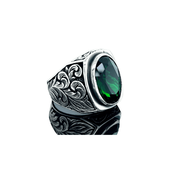 Mens Green Emerald Stone Ring Handmade Ring Ottoman Style Gift for Him, 925k Sterling Silver Ring || Ali Baba Jewellery