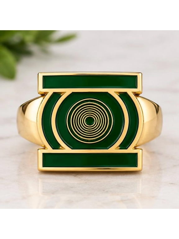 Mens Green Lantern Ring, Gold Signet Green Enamel Superhero Inspired Jewelry,Gold Tone Brass Statement Ring Size US 5.5